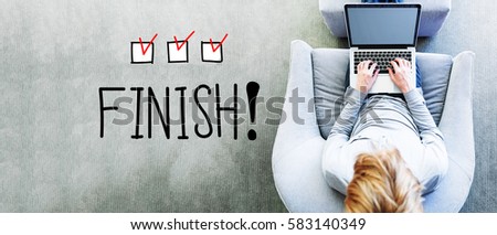 Finish text with man using a laptop
