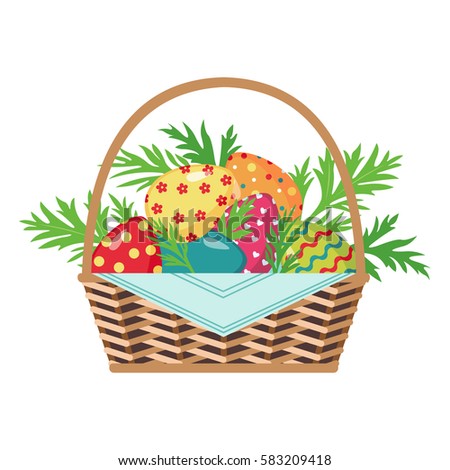 Easter icon with basket full of colored eggs in flat style isolated on white background. Design element for Easter cards. Vector illustration.