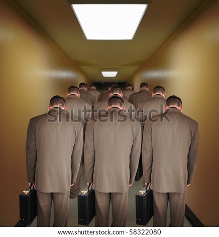 Business men are walking down a hallway to do office work. The heads are down to symbolize pressure or powerlessness from the job. Use it for an unemployment or a career concept. Royalty-Free Stock Photo #58322080