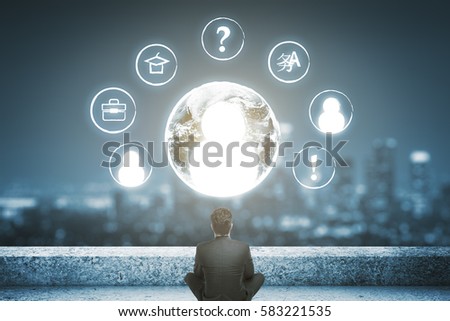 Back view of thoughtful man on rooftop looking at abstract HR icons. Hiring talented employees concept. Elements of this image furnished by NASA