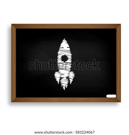 Rocket sign illustration. White chalk icon on black school board