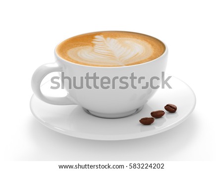 Cup of coffee latte and coffee beans isolated on white background Royalty-Free Stock Photo #583224202