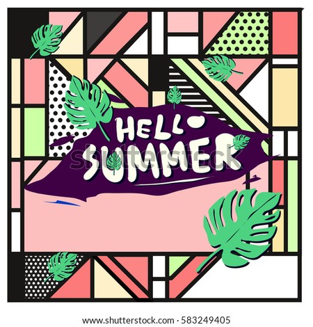 Trendy vector summer cards illustration with line elements and abstract colorful textures. Design for poster, card, invitation, brochure, and promotion template. Fashion art print and background.