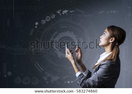 young woman holding smart phone and futuristic interface pattern, Internet of Things, Internet of Everything, heads up display, mixed reality, abstract concept