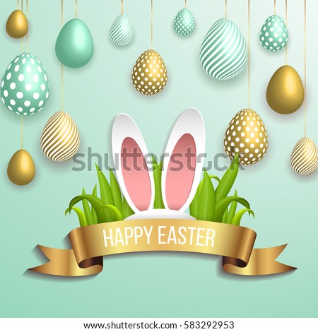 Happy easter template with gold ribbon and eggs, bunny ears, dotted green background. Vector illustration. Design layout for invitation, card, menu, flyer, banner, poster, voucher. Royalty-Free Stock Photo #583292953
