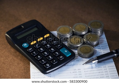 Rows of coins on the table in banking and finance concept. Saving concept. Investment, Economy. Soft focus and dark style.
