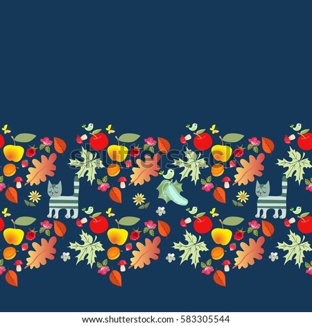 Decorative autumn border with fruits, berries, vegetables, maple and oak leaves, mushrooms, flowers and animals. Beautiful vector illustration. Multicolor seamless pattern.