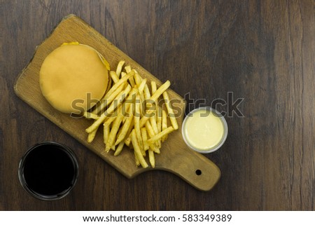 cheeseburger fries coca sauce junk food fast food food cheese meat bad food not healthy bread wood background 