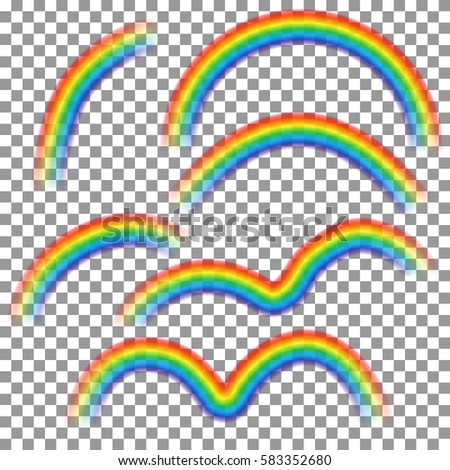 Set of different rainbows isolated on transparent background. Realistic rainbow shapes. Vector illustration.