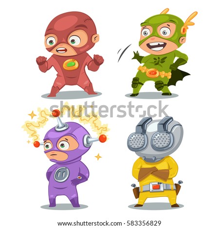 Cute superhero kids in colorful costumes vector cartoon characters set isolated on white background.