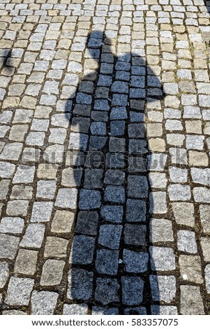 Human shadow on the pavement on a sunny day.