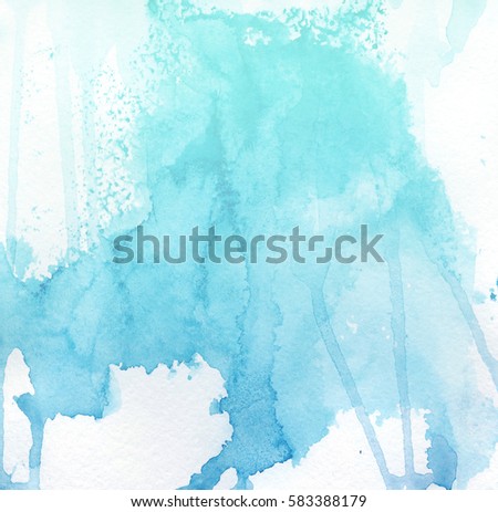 Watercolor turquoise and blue background on white paper texture