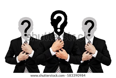Three businessman with question mark on head, isolated on white background