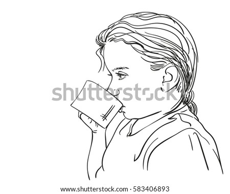 Sketch of girl drinking from cup, Hand drawn illustration
