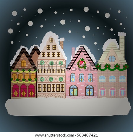 Urban winter landscape. Vector illustration. Snowy street. Christmas card Happy Holidays banner. Flat design.