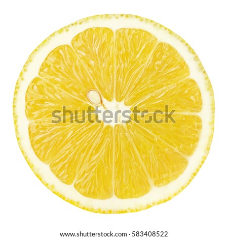 Top view of textured ripe slice of lemon citrus fruit isolated on white background. Lemon slice with clipping path Royalty-Free Stock Photo #583408522