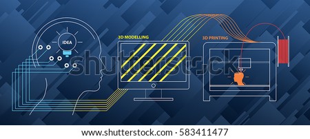 Set illustration about 3d printing, printer, filament, g-cod, modeling, prototype, background Royalty-Free Stock Photo #583411477
