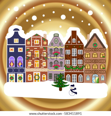 Holidays Vector illustration. Evening city winter landscape with snow cove houses and christmas tree.