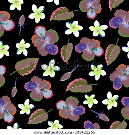 Hibiscus flowers seamless pattern on a black background in blue and pink colors.