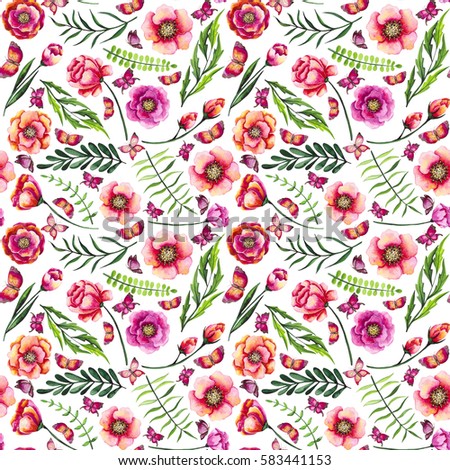 Seamless Pattern of Watercolor Little Butterflies, Bright Red Flowers and Green Leaves