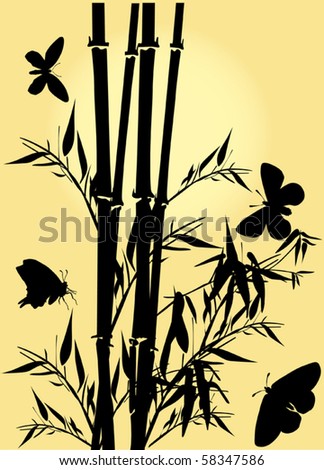 illustration with bamboo and butterflies on yellow background
