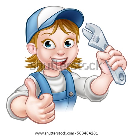 A mechanic or plumber handyman cartoon character holding a spanner and giving a thumbs up
