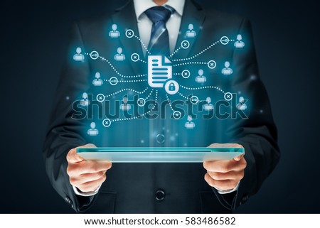 Corporate data management system (DMS) and document management system with privacy theme concept. Businessman with scheme with protected document connected with users, access rights symbolized by key.