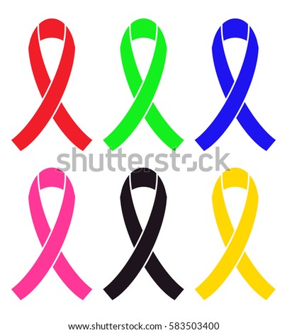 Set of colorful awareness ribbon (red, green, blue, pink, black, yellow)