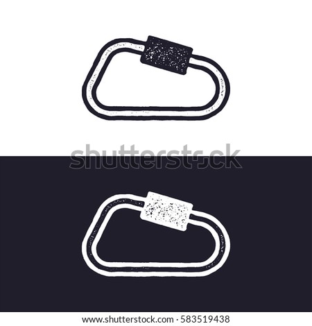 carabiner icon isolated on white background. Letterpress effect. Vector adventure pictogram. Isolated on white and dark backgrounds.