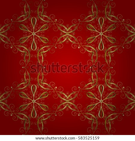 Decorative symmetry arabesque. Good for greeting card for birthday, invitation or banner. Seamless pattern medieval floral royal pattern. Vector illustration. Gold on red background.