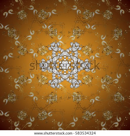 Symbol holiday, New Year celebration golden pattern. Golden snowflakes on yellow background. Christmas golden snowflake. Winter snow texture wallpaper.