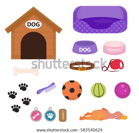 Dogs stuff icon set with accessories for pets, flat style, isolated on white background. Puppy toy. Doghouse, collar, food. Pet shop concept. Vector illustration, clip art
