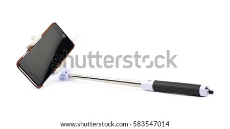 Selfie stick with the mounted in smart phone, composition isolated over the white background
