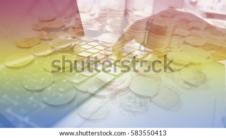 Double exposure coins with businessman for business  and finance concept