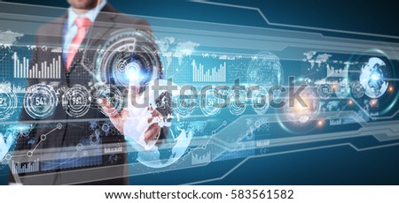 Hologram screen with digital datas used by businessman on blurred background 3D rendering