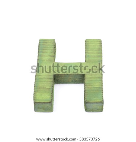 Single sawn wooden letter H symbol coated with paint isolated over the white background