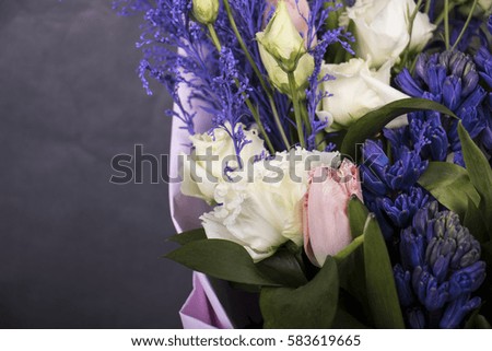 Bouquet of hyacinth flowers and tulips. Close up