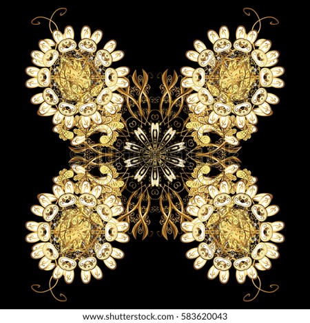Damask classic white and golden pattern. Vector abstract background with repeating elements. Golden pattern on black background with golden elements.