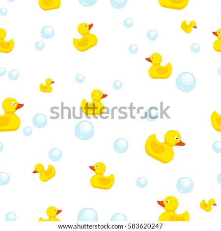 Rubber duck and bubbles seamless pattern bath toy on white background. Vector illustration