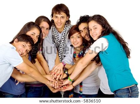 group of friends united all smiling - isolated over a white background