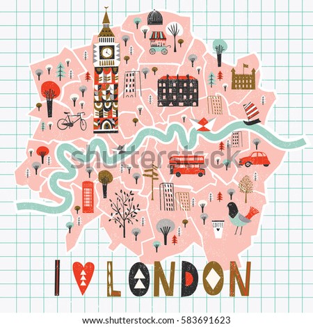 Cartoon Map of London with Legend Icons Royalty-Free Stock Photo #583691623
