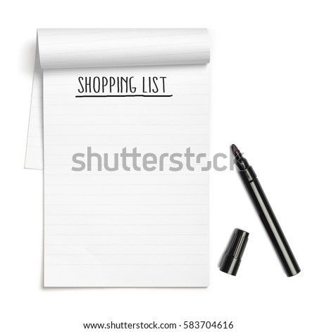 Shopping List on note book with black pen, with copy space, isolated on white background Royalty-Free Stock Photo #583704616