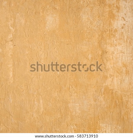 Grungy Yellow Peeled Plaster Wall With Cracked Structure Frame Blank Grunge Background. Dark Brick Mortar Old Building Facade Wall With Shabby Stucco Isolated Square Texture. Blank Wreck Fence Surface