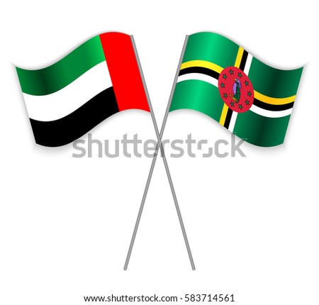 Emirian and Dominican crossed flags. United Arab Emirates combined with Dominica isolated on white. Language learning, international business or travel concept.