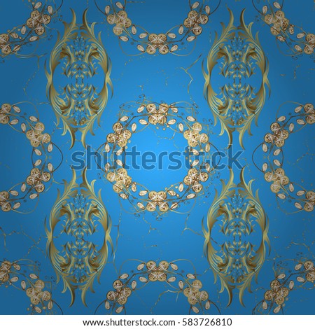 Vector abstract background with repeating elements. Golden pattern on blue background with golden elements. Damask classic white and golden pattern.
