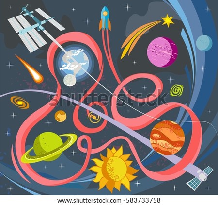 Outer Space vector doodles, symbols and design elements, spaceships, planets, stars, rocket, sun, satellite