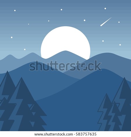 Night mountain landscape with blue color scheme, flat illustration