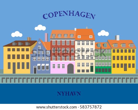 Panoramic view of Nyhavn Harbor, Copenhagen, Denmark. Vector illustration