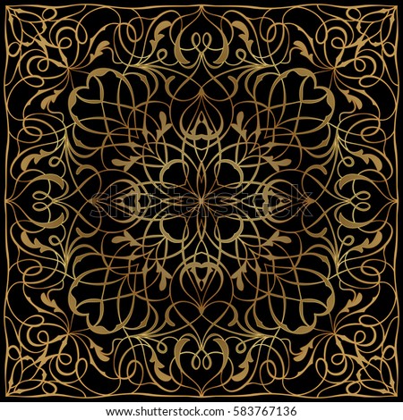 Black handkerchief with gold pattern. Square ornament for print on fabric, vector illustration.