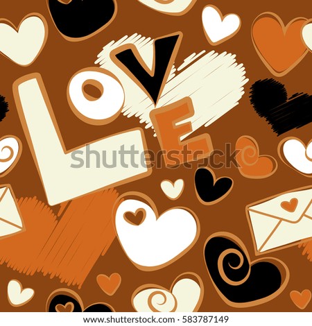 Seamless vector heart pattern, valentines. Hearts and love letter on a brown background. Colorful art for cards, packaging, paper, typography, business card, tissues.